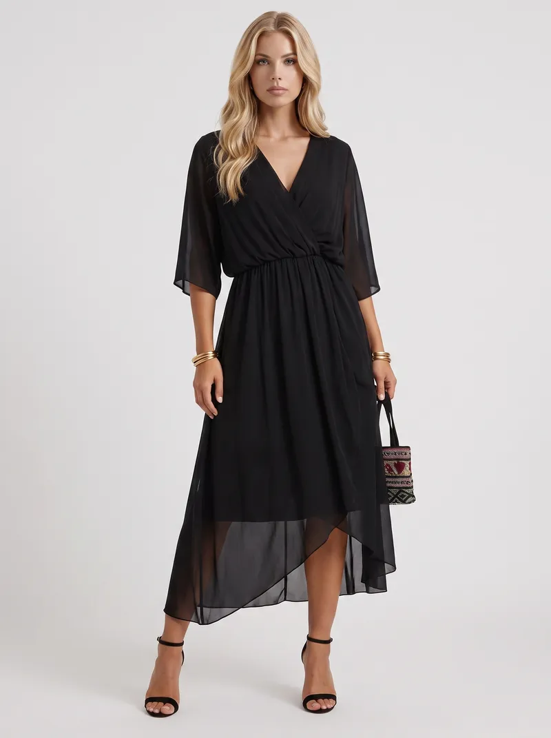 Lucienne Wrap Midi Dress - Black