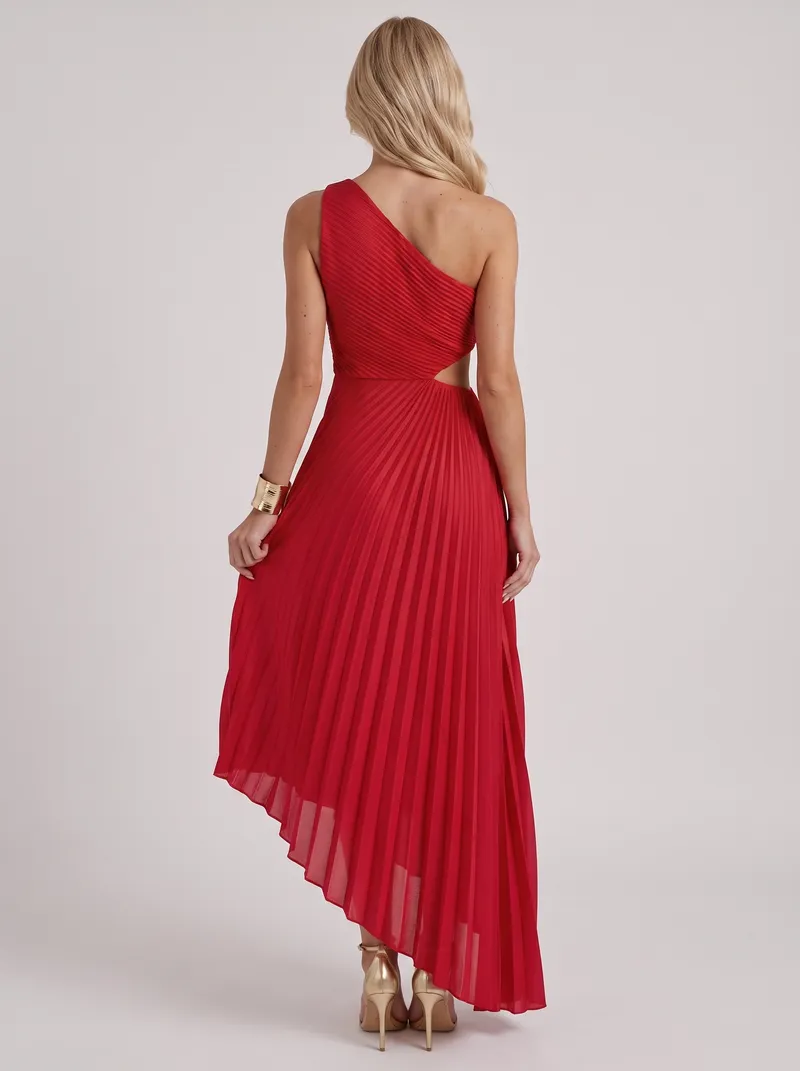 Opaline One Shoulder Sunray Pleated Maxi Dress - Red