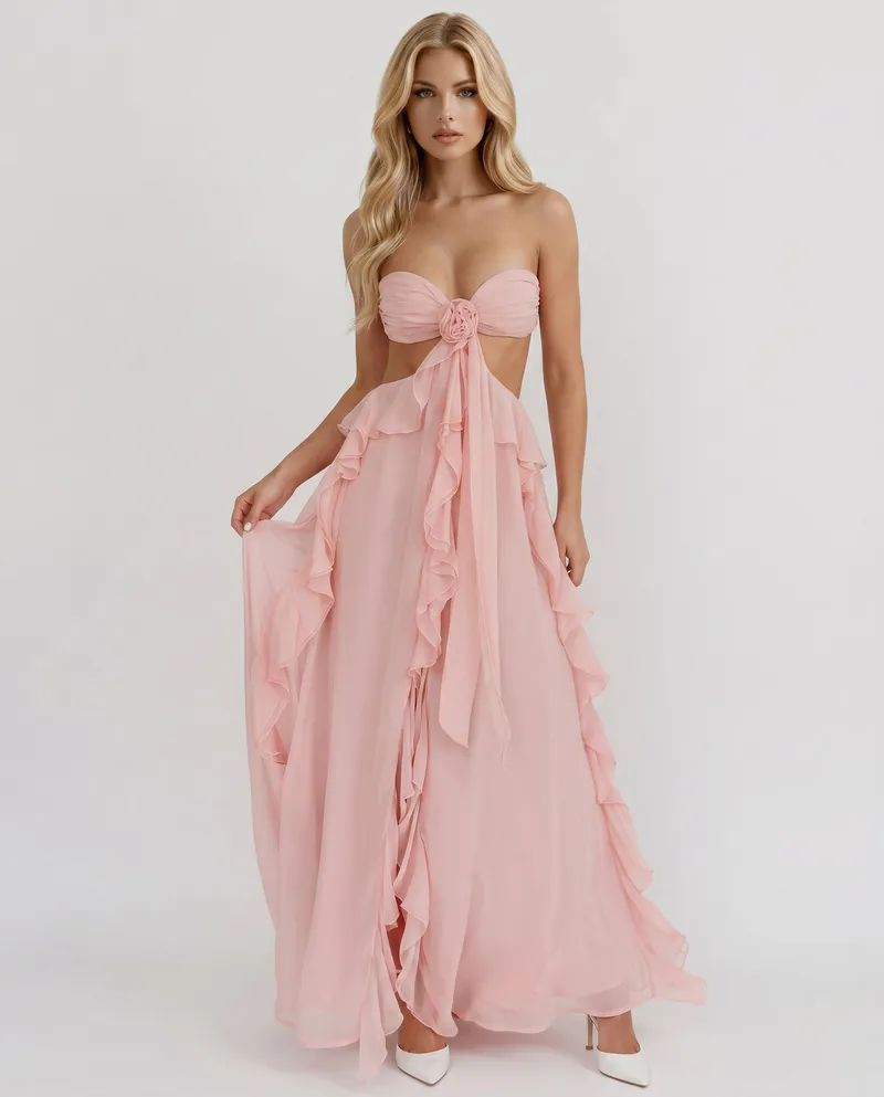 Roselyn Floral Ruffle Cutout Maxi Dress - Pink