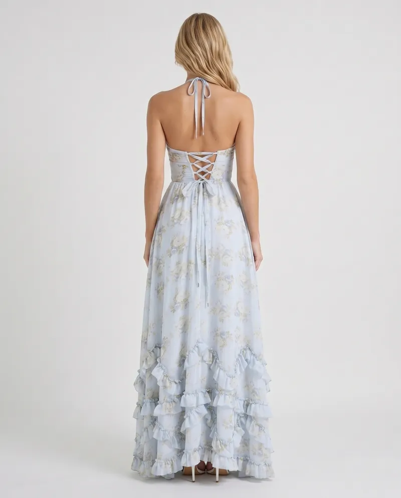 Bianca Ruffle Maxi Dress - Sky Blue