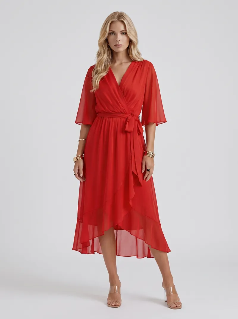 Lucienne Wrap Midi Dress - Red