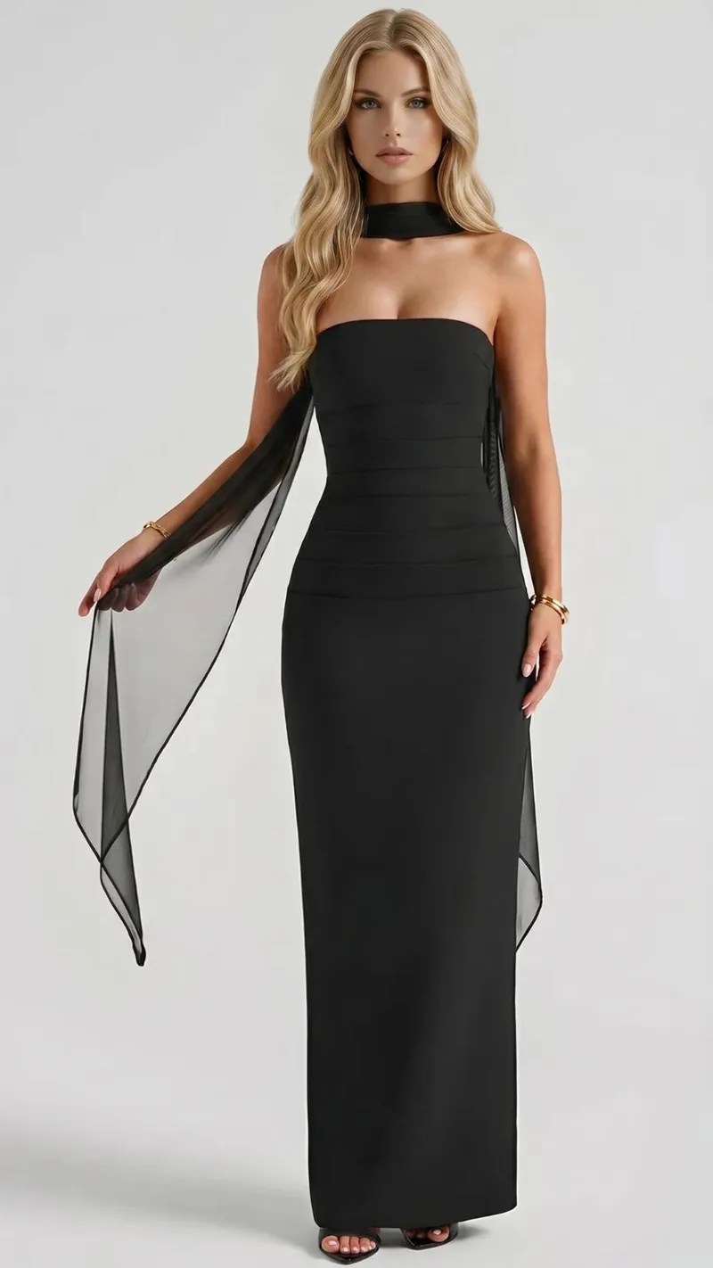 Francisca Bandage Mesh Sash Maxi Dress - Black