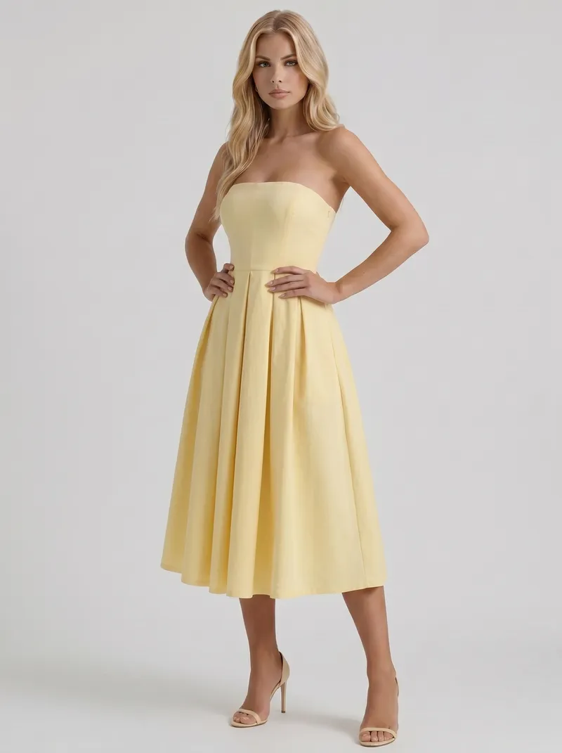 Audrey Strapless Pleated A Line Midi Dress - Lemon