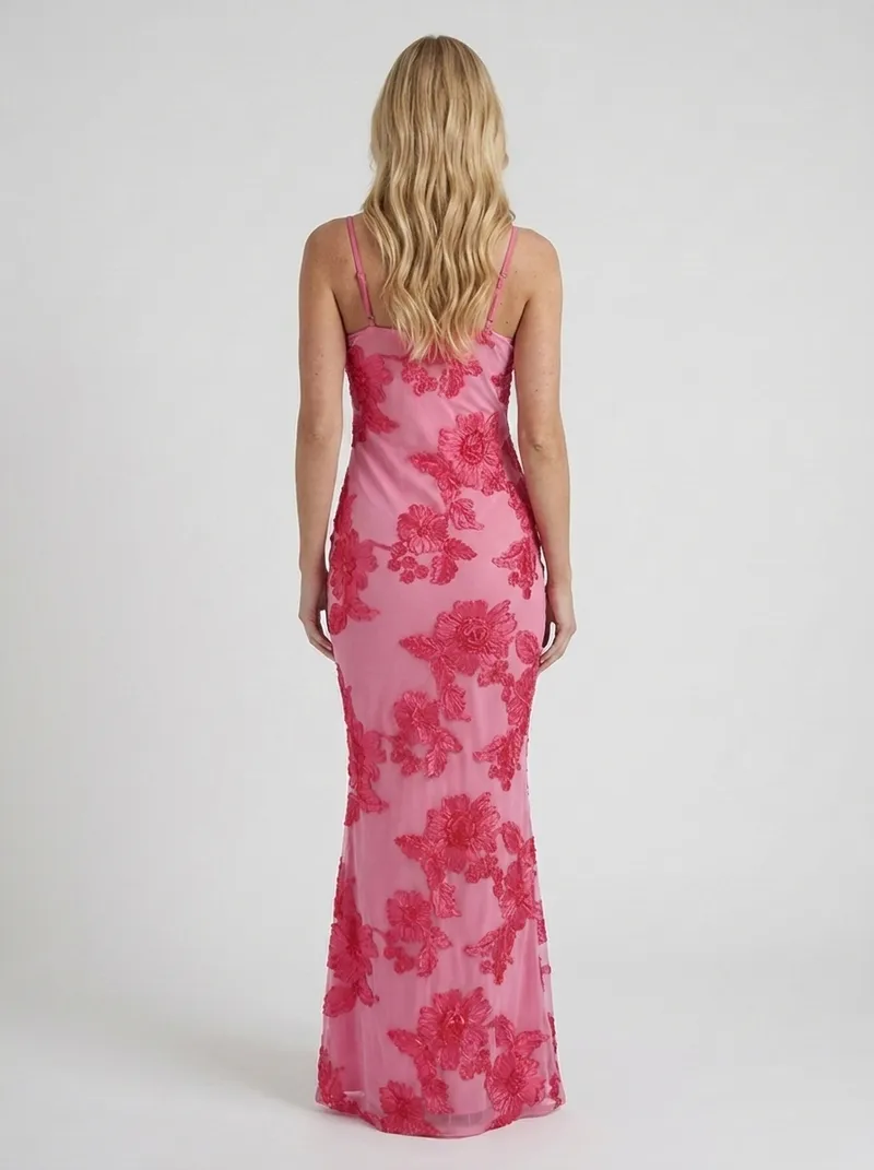 Chloe Floral Mesh Bodycon Maxi Dress - Pink