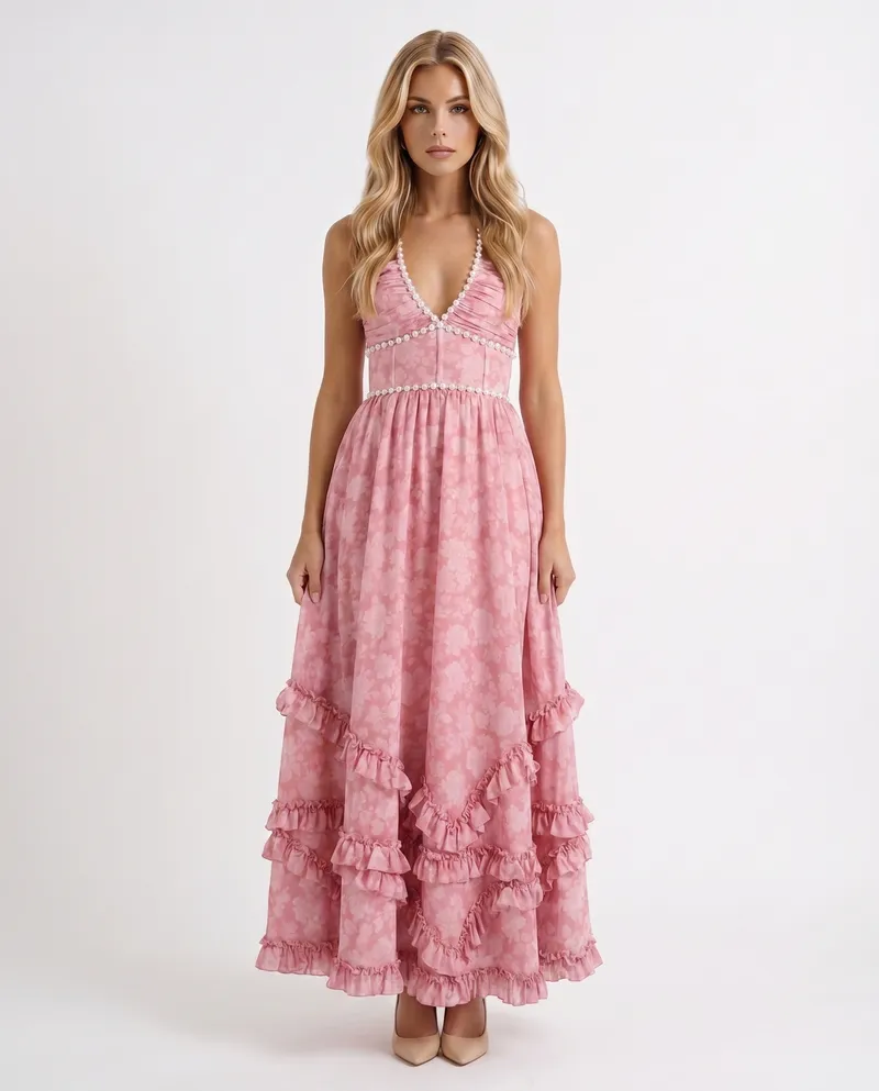Bianca Ruffle Maxi Dress - Blush Petal