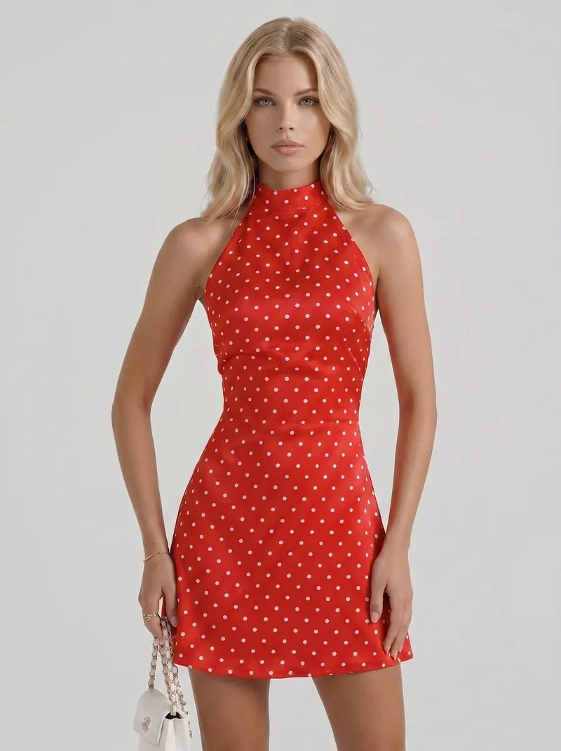Layla High Neck Halter Polka Dot Mini Dress - Red