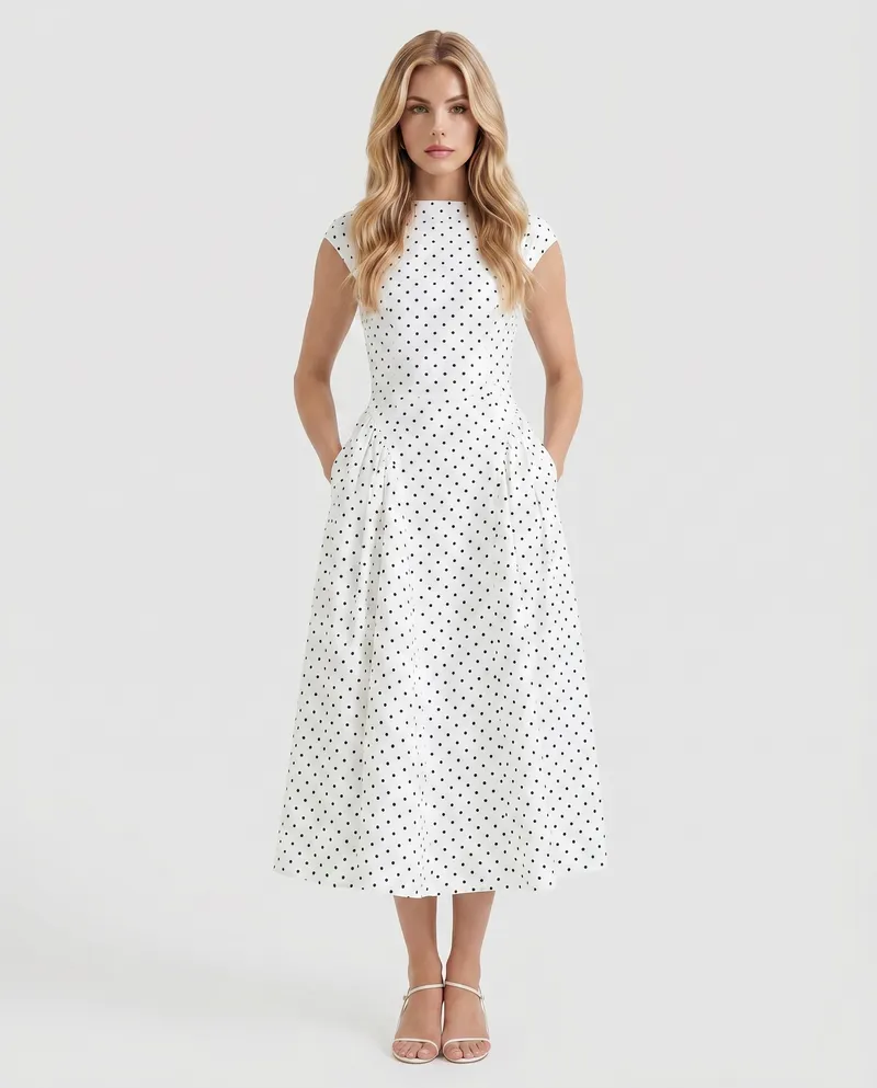 Greer Polka Dot Midi Dress - White