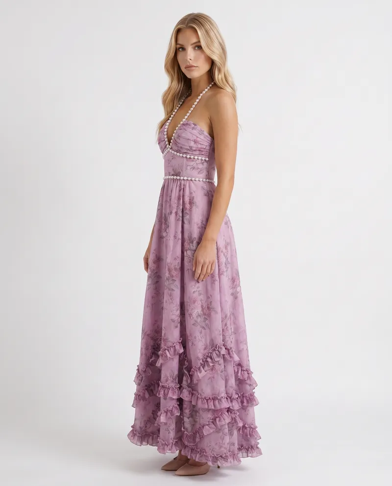 Bianca Ruffle Maxi Dress - Purple