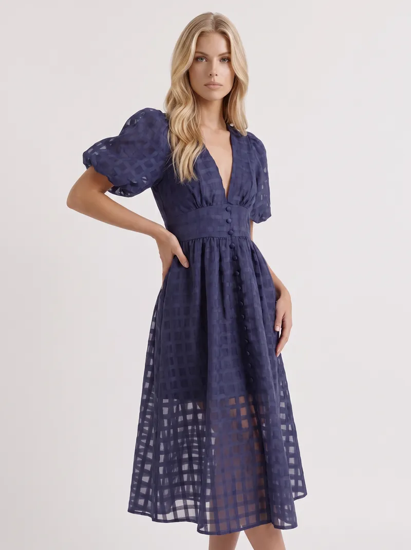 Colette Windowpane Midi Dress - Navy