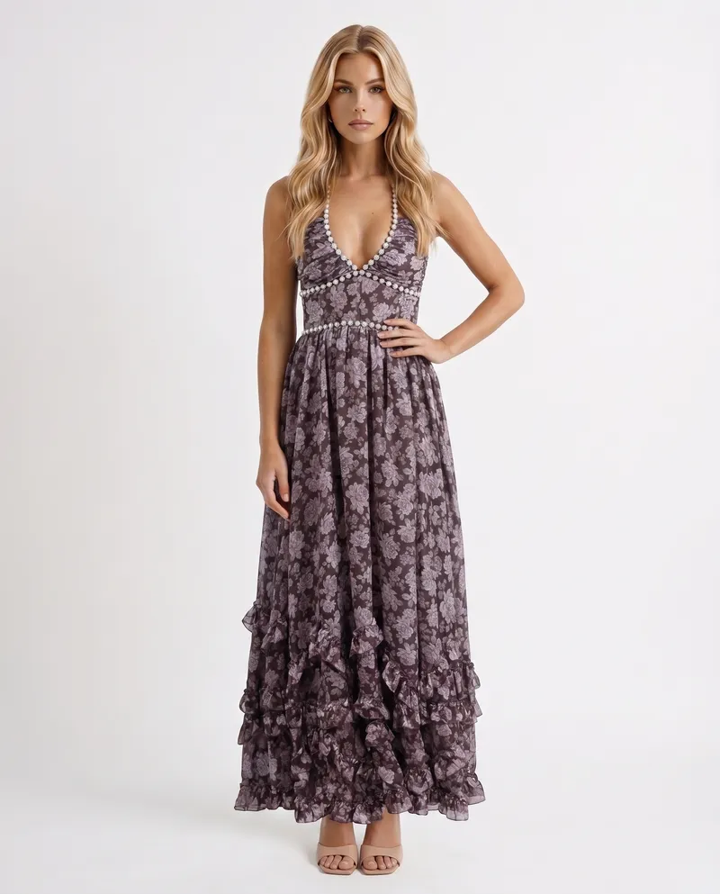 Bianca Ruffle Maxi Dress - Midnight Bloom