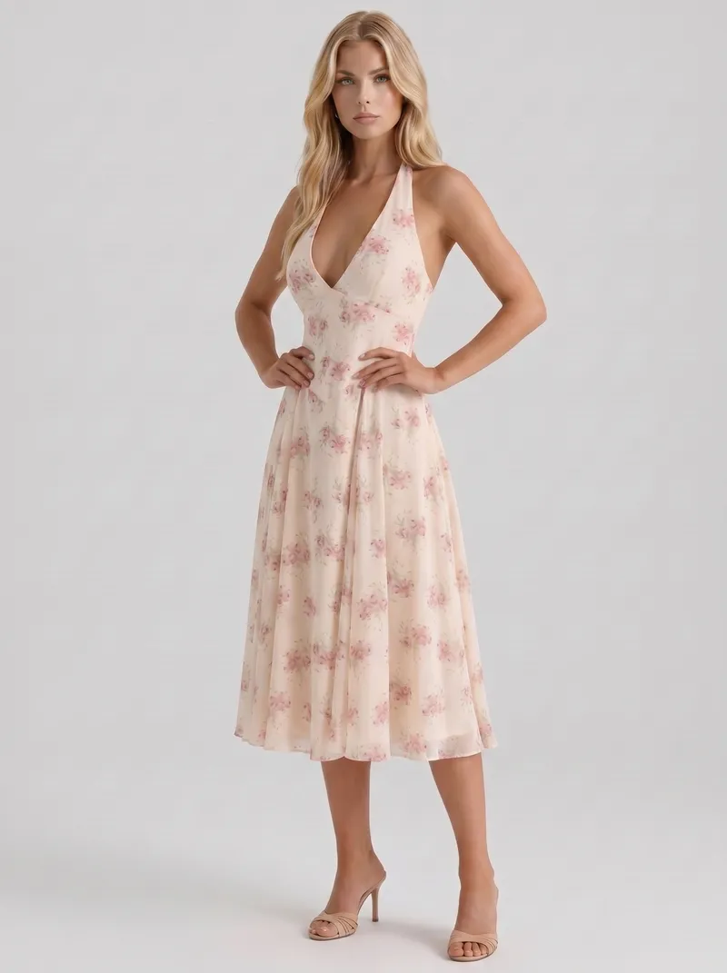 Camelia Halter Neck Georgette Midi Dress - Cream Floral