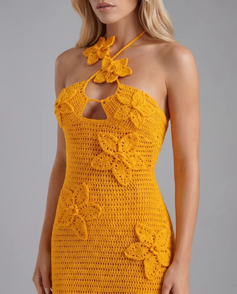 Kyla Crochet Halter Maxi Dress - Orange