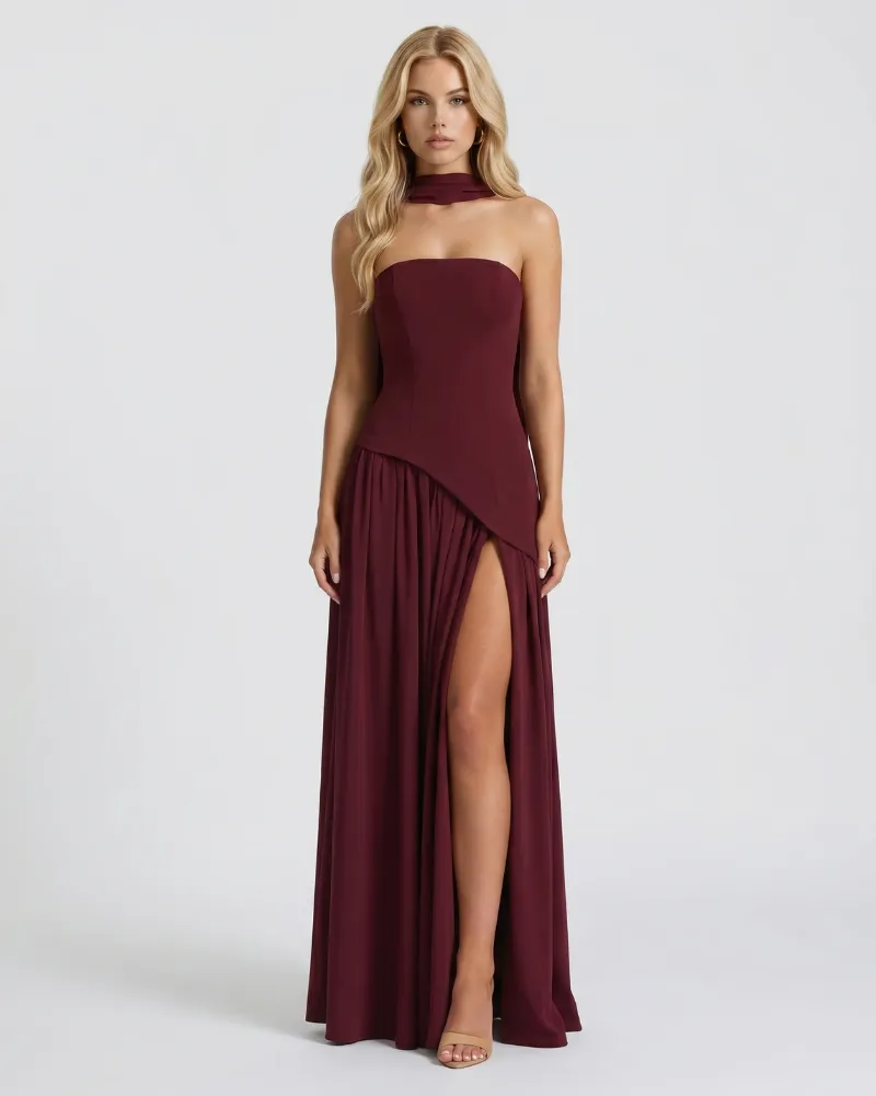 Genevieve Strapless Asymmetric Maxi Dress - Red
