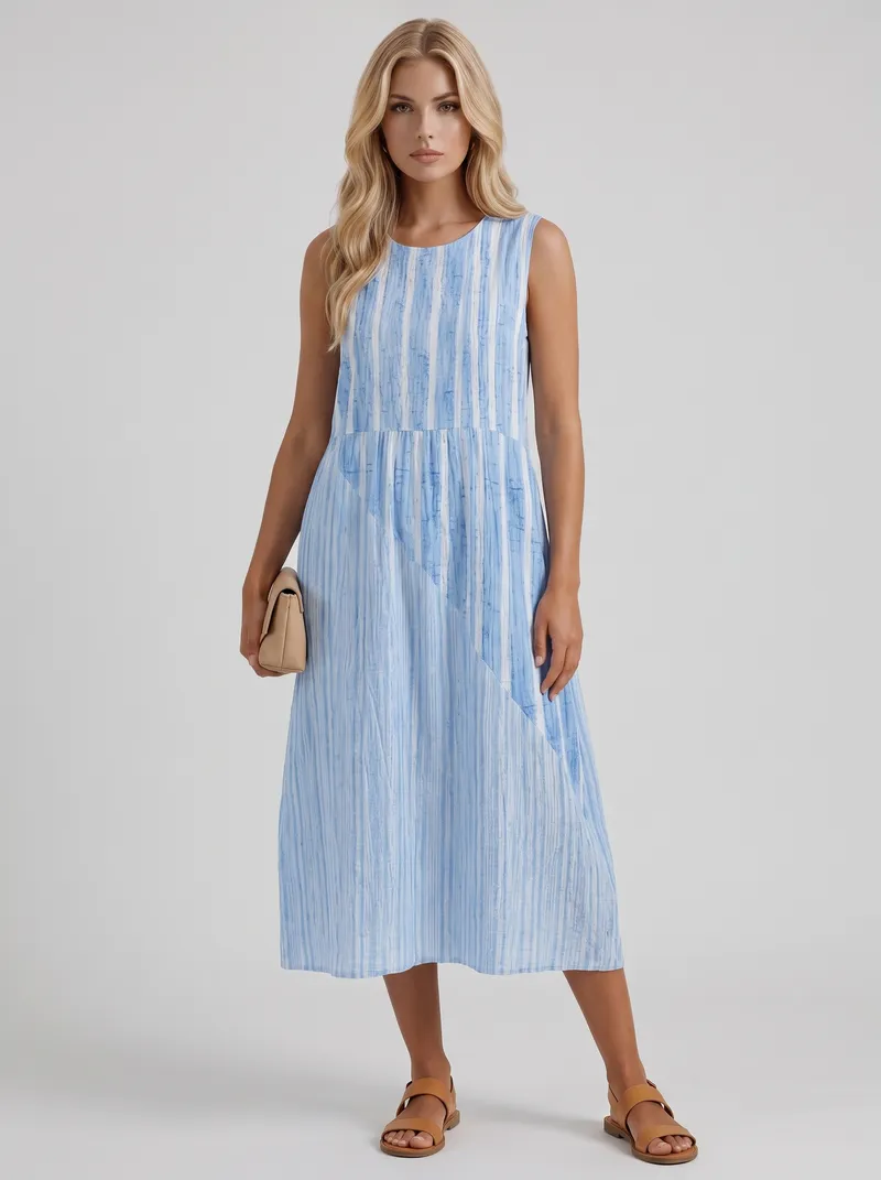 Elara Printed Midi Dress - Blue Stripe