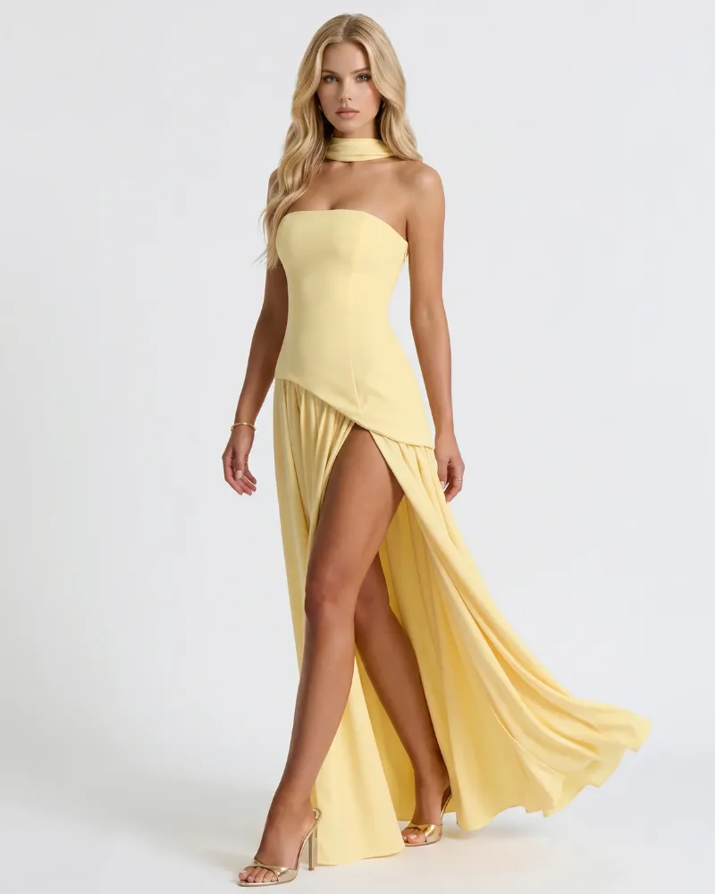 Genevieve Strapless Asymmetric Maxi Dress - Yellow