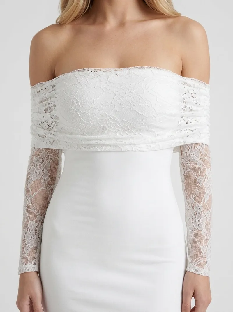 Nancy Off Shoulder Lace Sleeve Bodycon Mini Dress - White