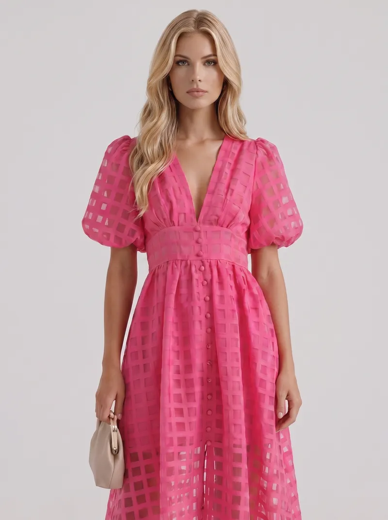 Colette Windowpane Midi Dress - Pink