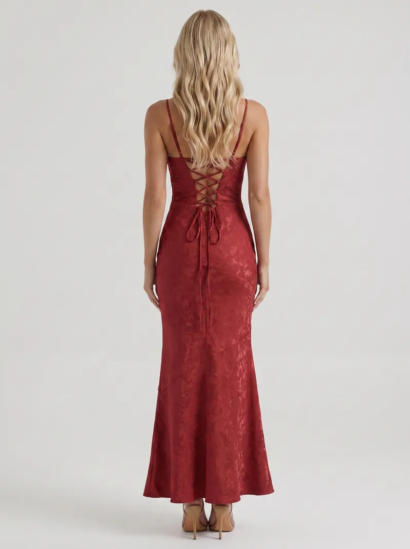 Aria Cowl Neck Textured Satin Bodycon Maxi Dress - Red