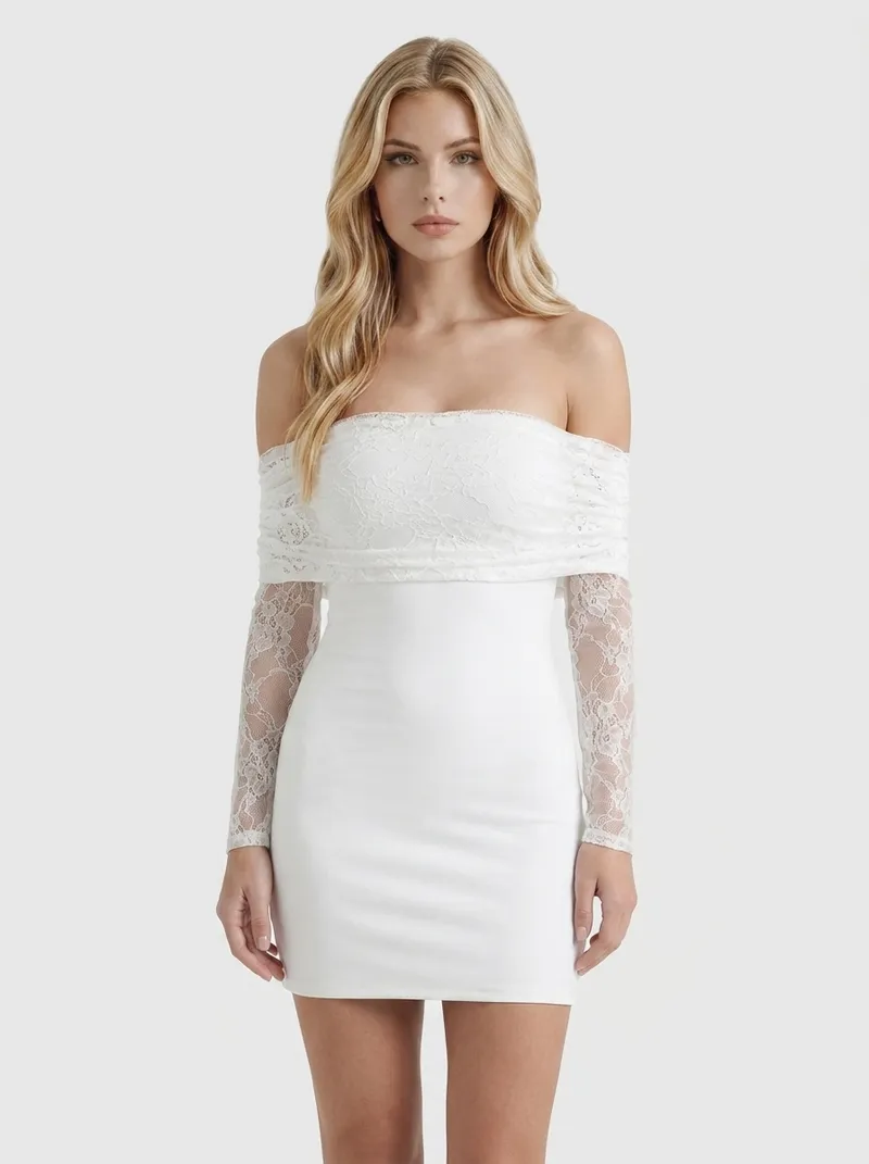 Nancy Off Shoulder Lace Sleeve Bodycon Mini Dress - White