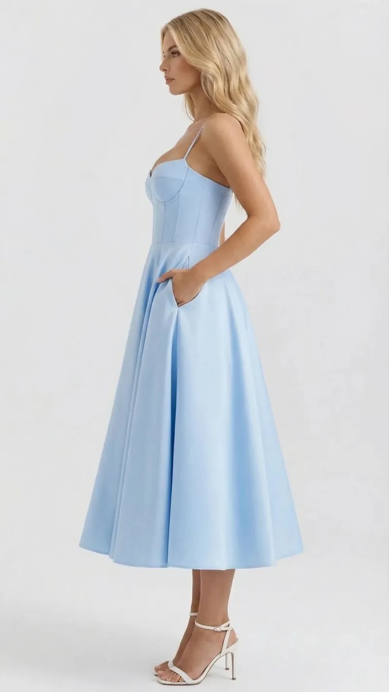 Selene Sweetheart Midi Dress - Light Blue