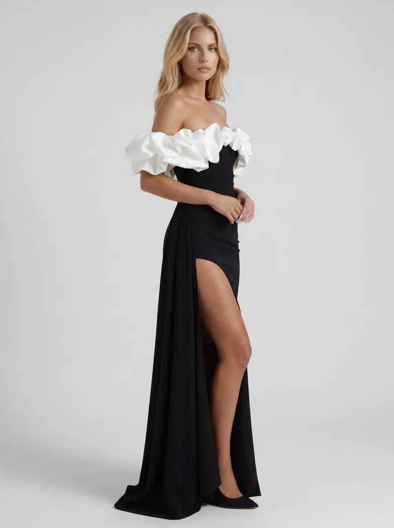 Mira Off Shoulder Ruffle Bardot Bodycon Maxi Dress - Black & White