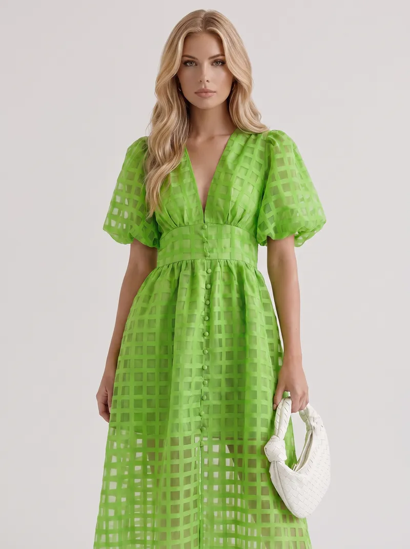 Colette Windowpane Midi Dress - Green