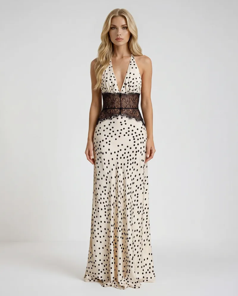 Dina Lace Maxi Dress - White Polka Dot