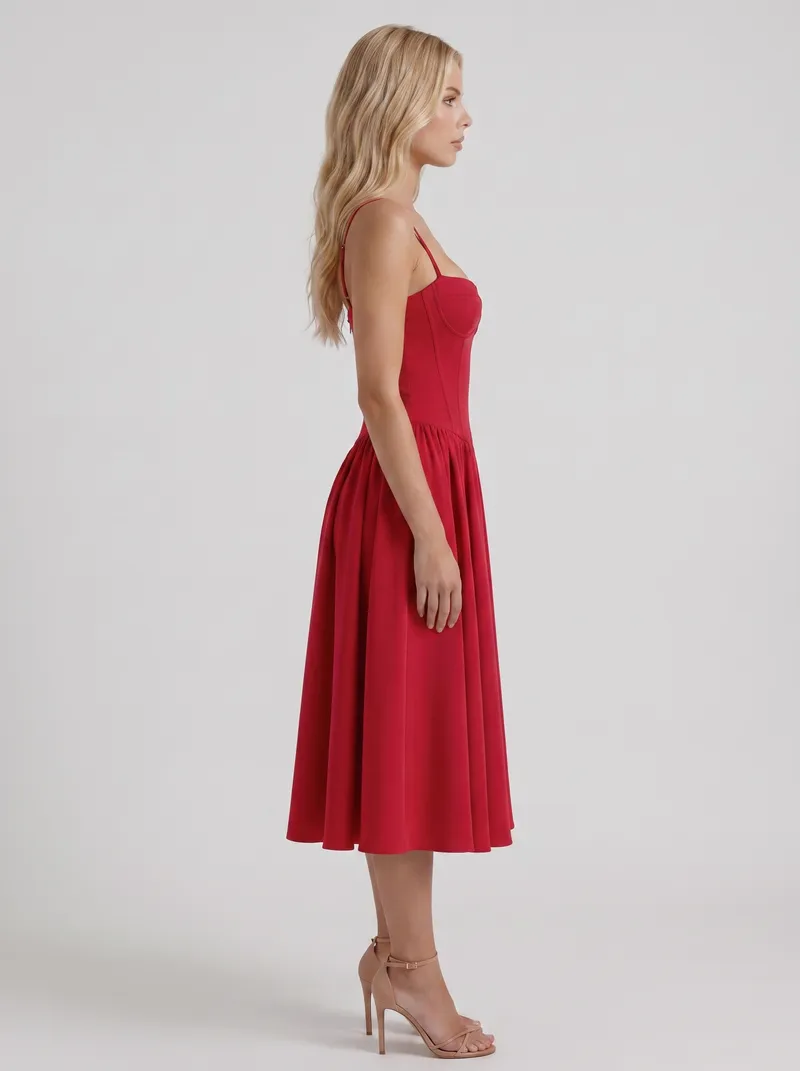 Francesca Sweetheart Ruched Midi Dress - Red