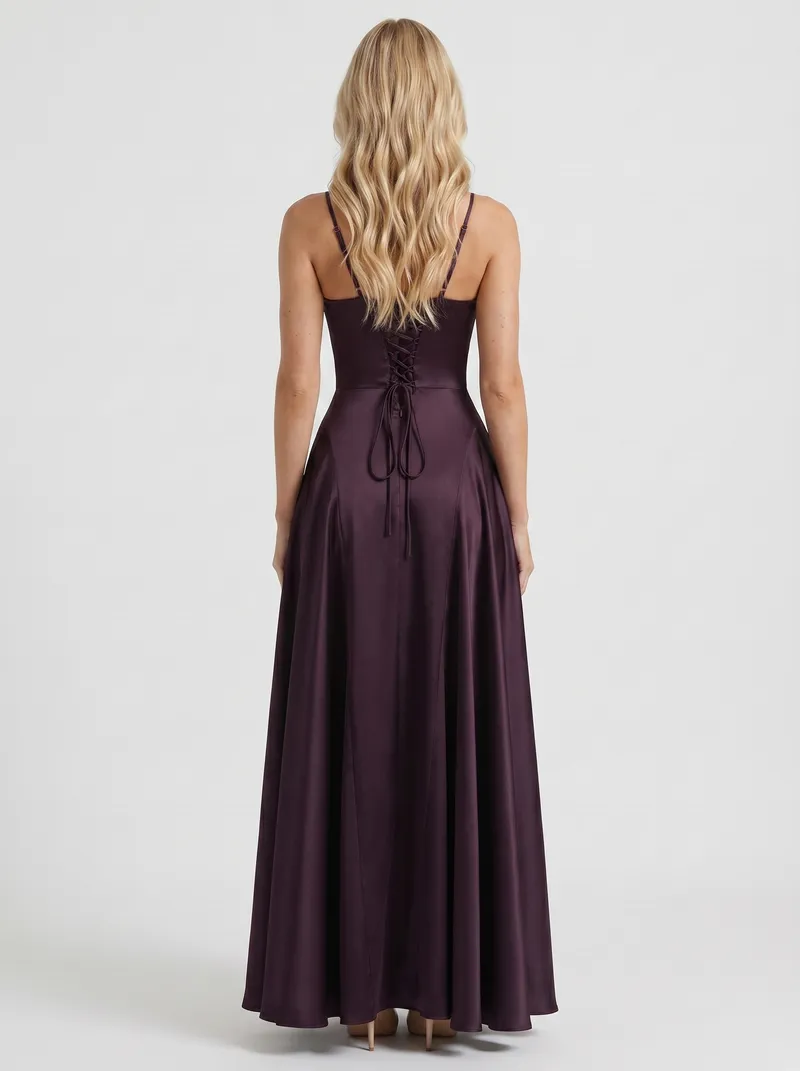 Adelaide V Neck Satin A Line Maxi Dress - Plum