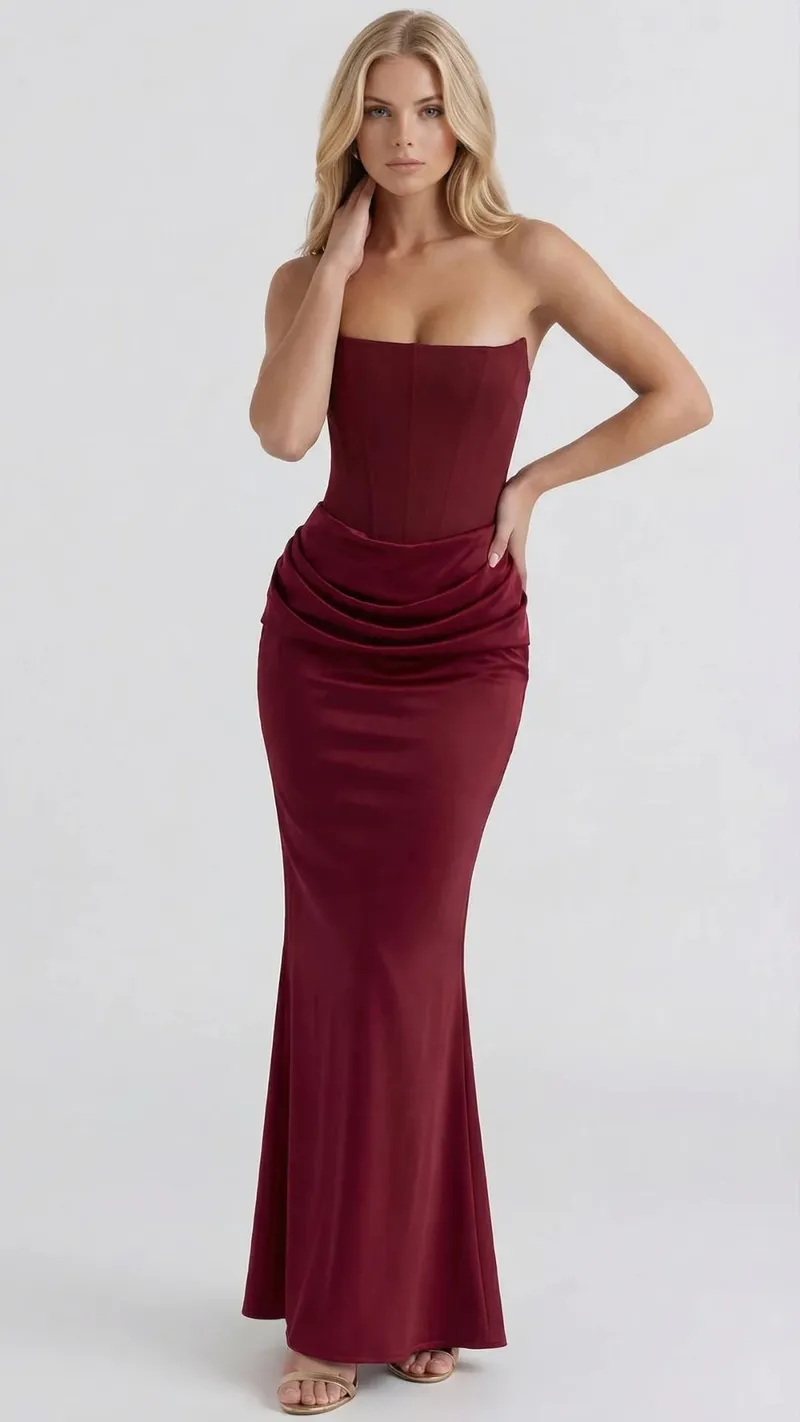 Scarlet Corset Strapless Maxi Dress - Burgundy