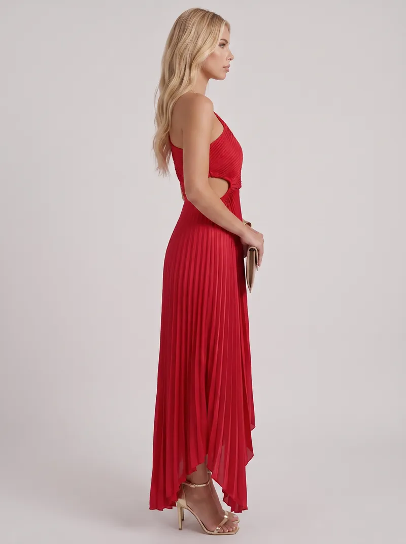 Opaline One Shoulder Sunray Pleated Maxi Dress - Red