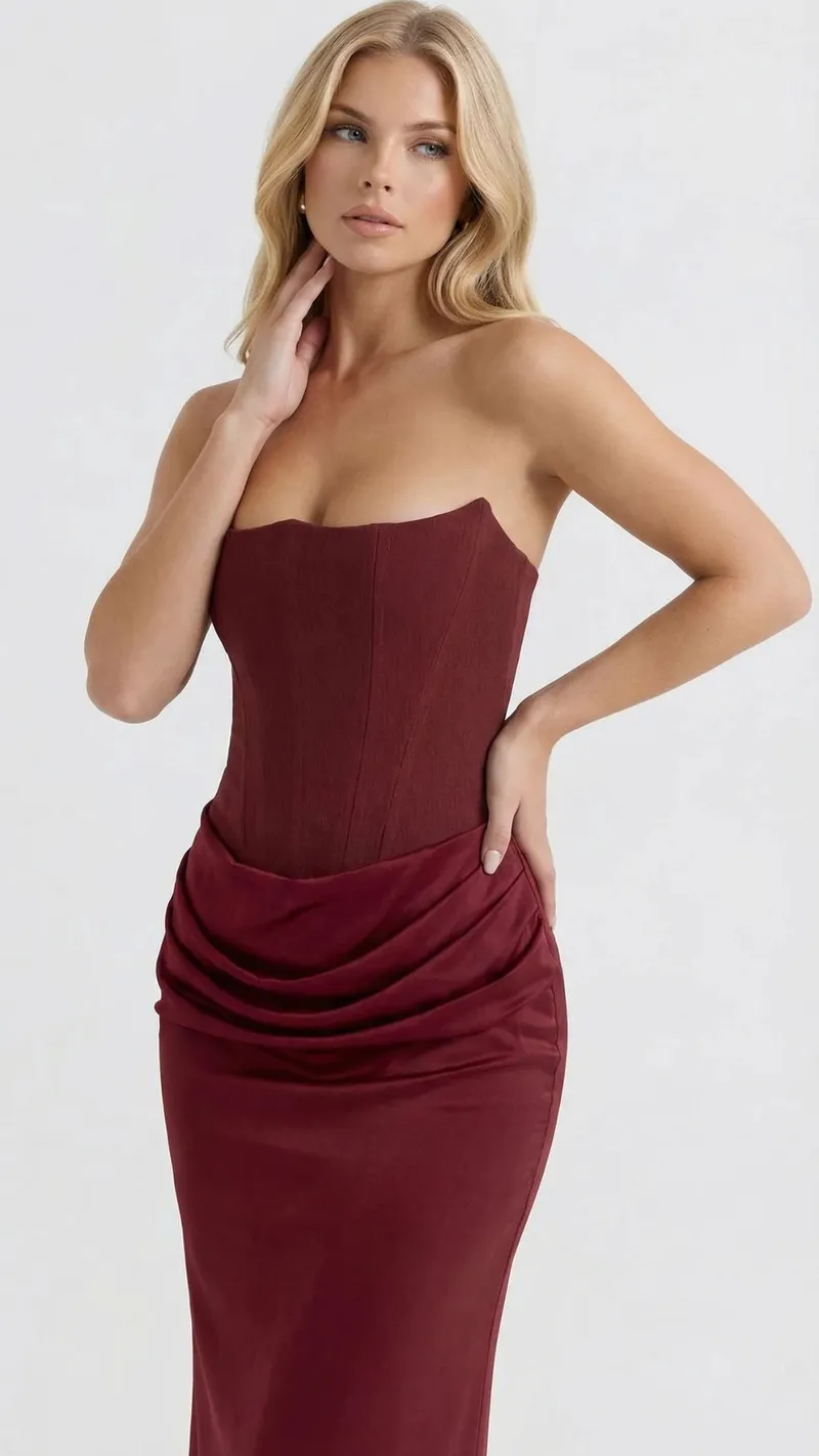 Scarlet Corset Strapless Maxi Dress - Burgundy