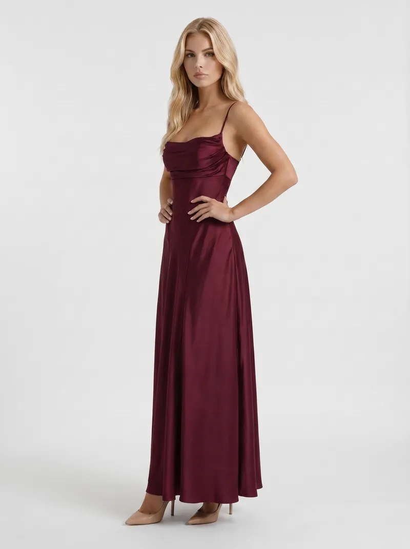 Eloise Cowl Neck Satin Maxi Dress - Cherry Lacquer