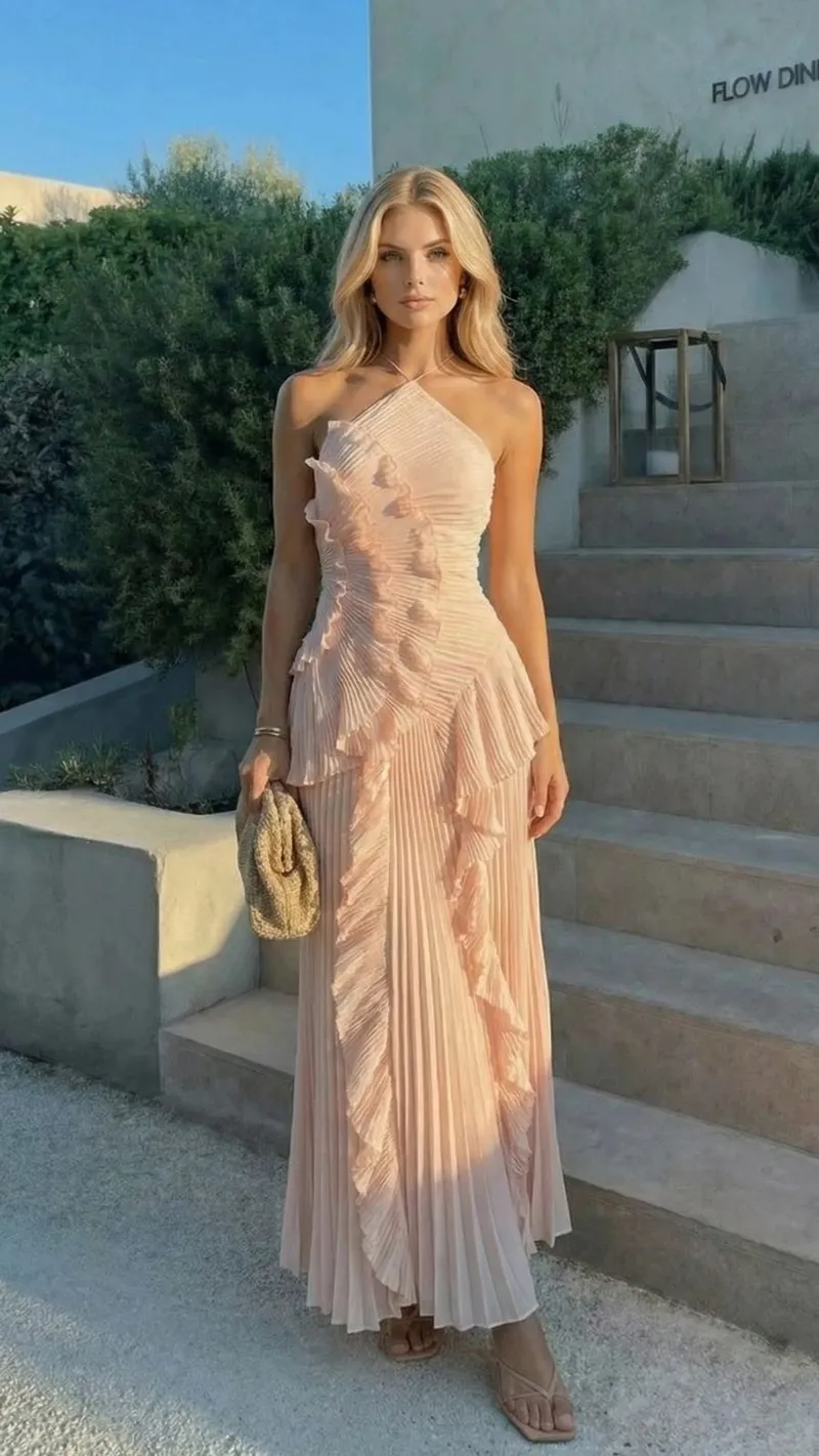 Nathalie Ruffle Maxi Dress - Pink