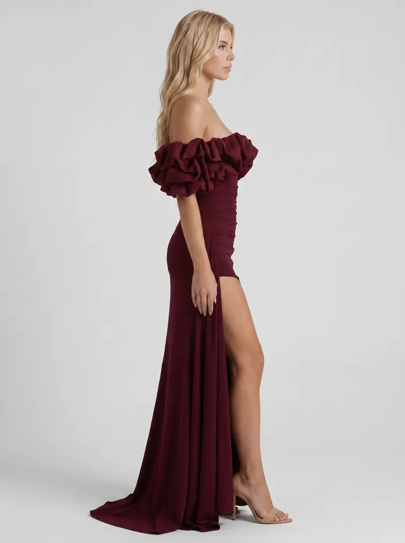 Mira Off Shoulder Ruffle Bardot Bodycon Maxi Dress - Cherry Red