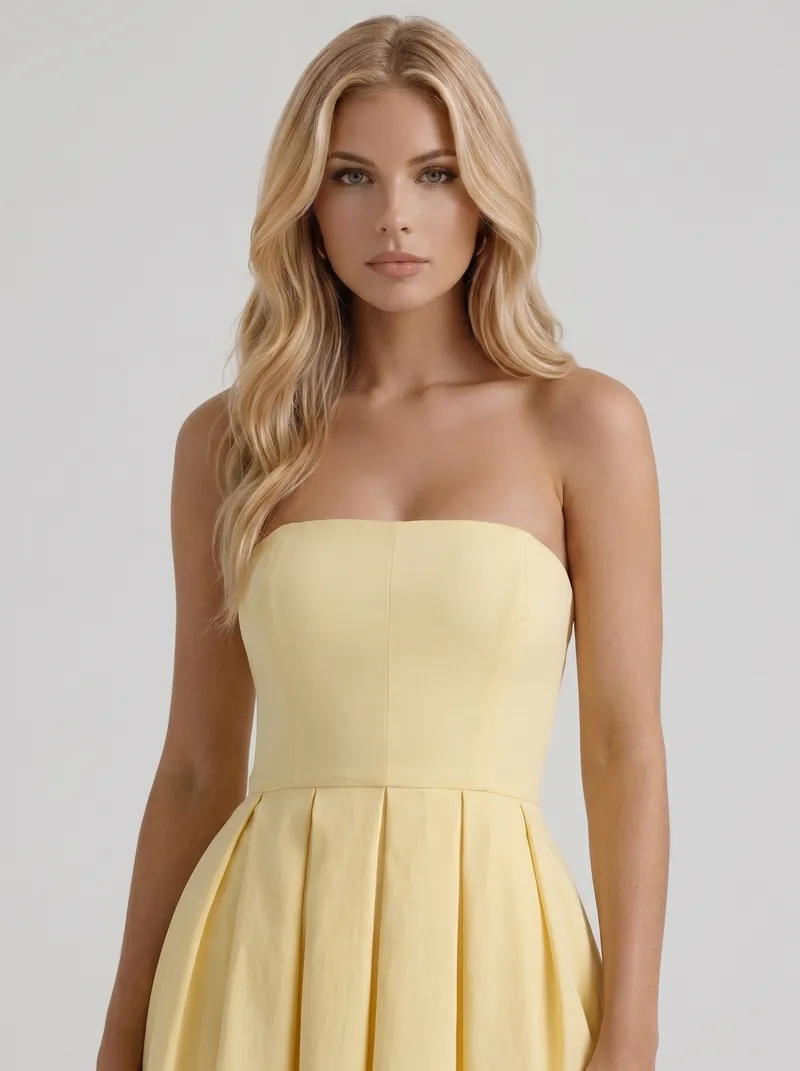 Audrey Strapless Pleated A Line Midi Dress - Lemon