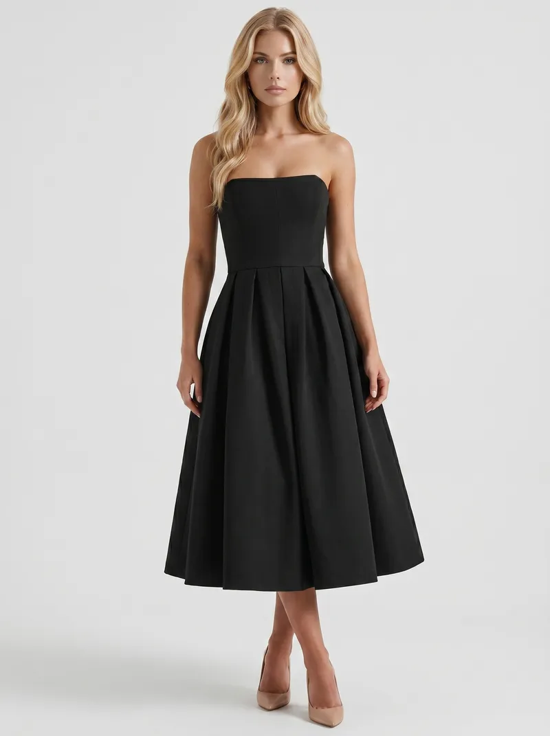 Audrey Strapless Pleated A Line Midi Dress - Black