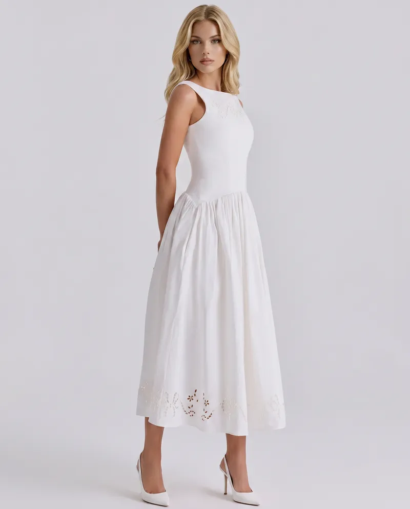 Delfina Boat Neck Eyelet Midi Dress - White