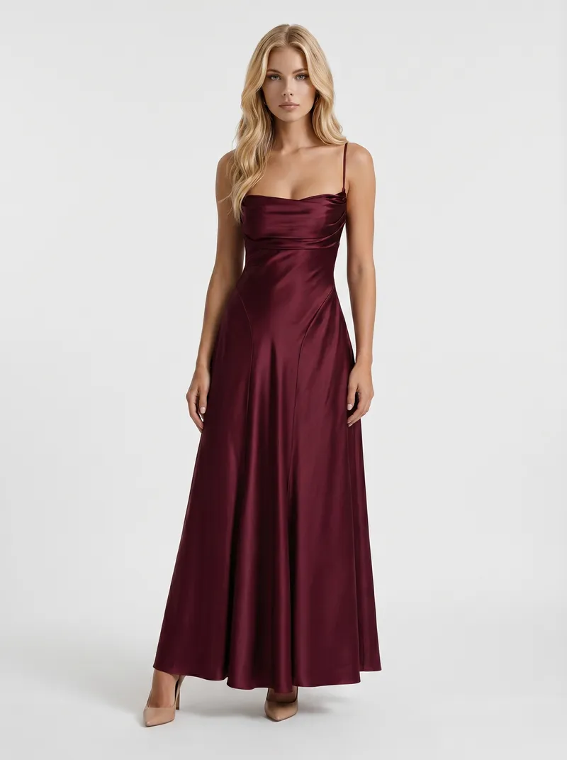 Eloise Cowl Neck Satin Maxi Dress - Cherry Lacquer