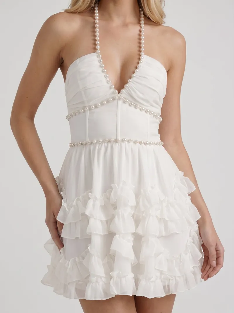 Vienna Pearl Halter Tiered Ruffle Mini Dress - White