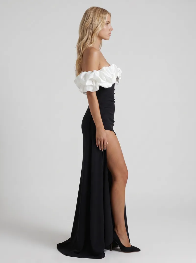 Mira Off Shoulder Ruffle Bardot Bodycon Maxi Dress - Black & White