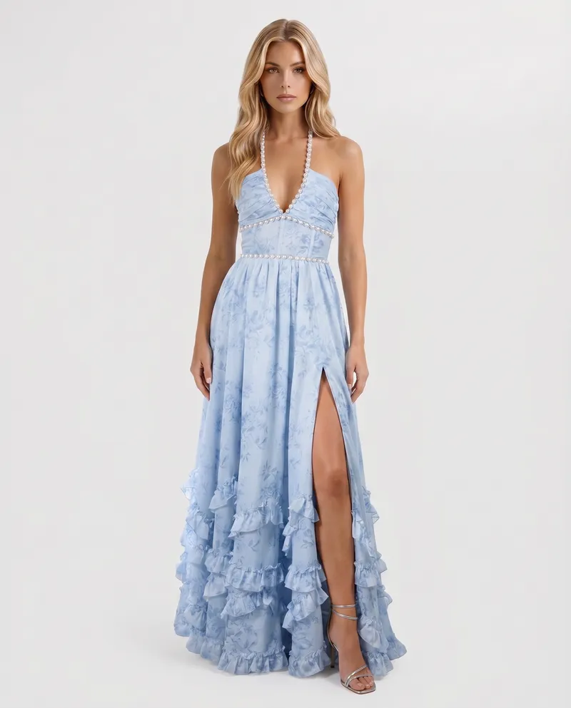 Bianca Ruffle Maxi Dress - Sky Whisper