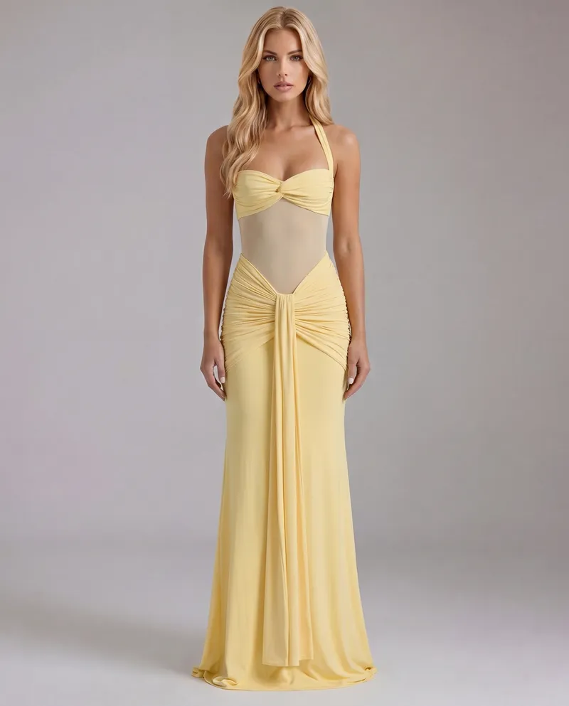 Victoria Ruched Maxi Dress - Yellow