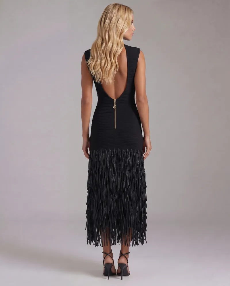 Stella Fringe Midi Dress - Black