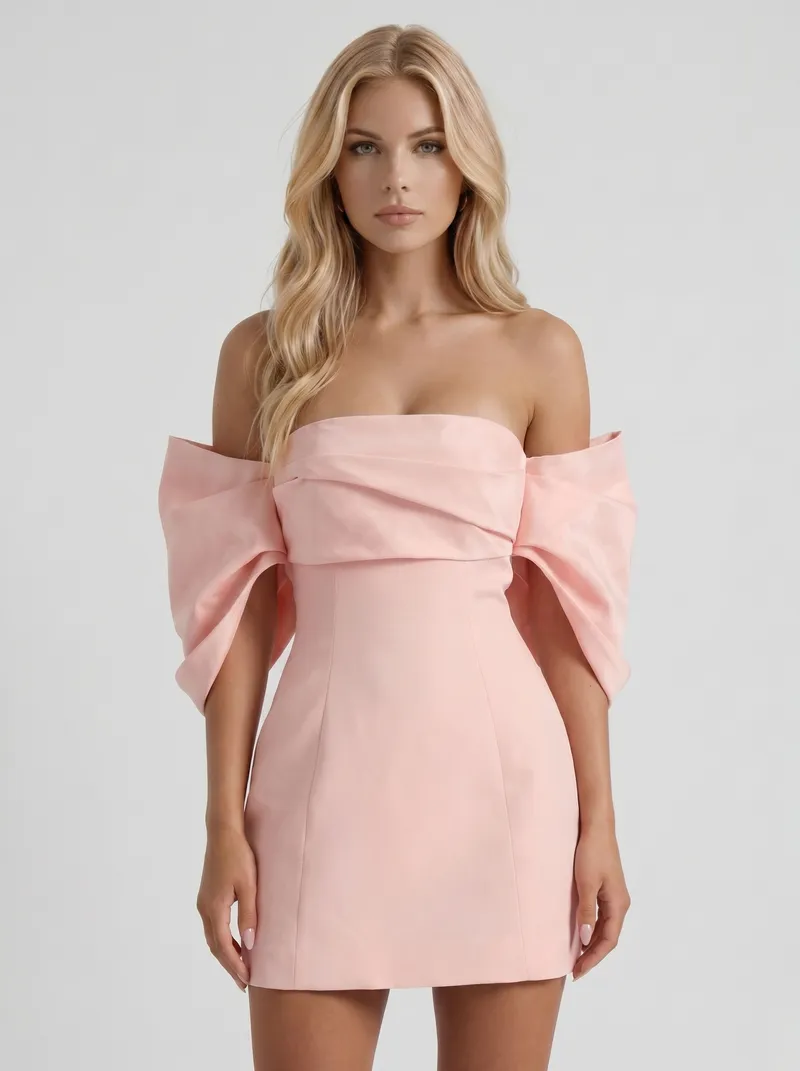 Daisy Off Shoulder Fold Over Mini Dress - Blush