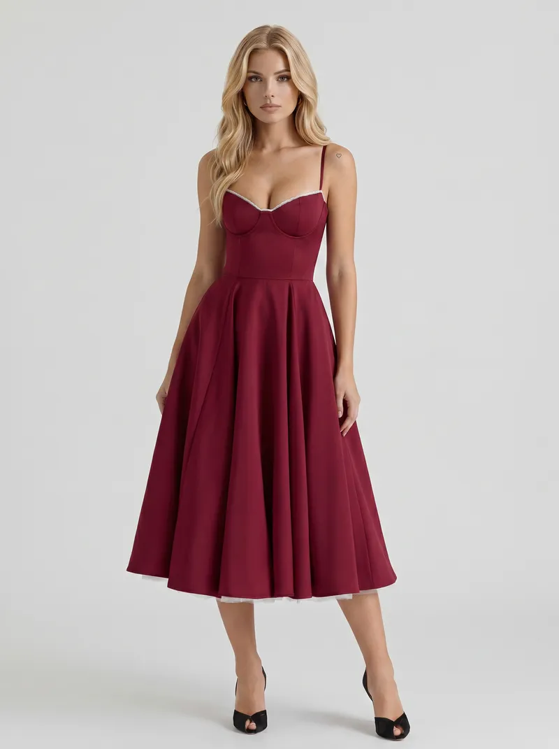 Estelle Sweetheart Corset Midi Dress - Burgundy
