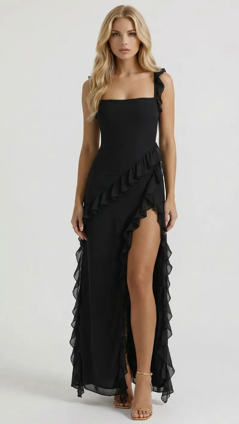 Scarlet Ruffle Maxi Dress - Black