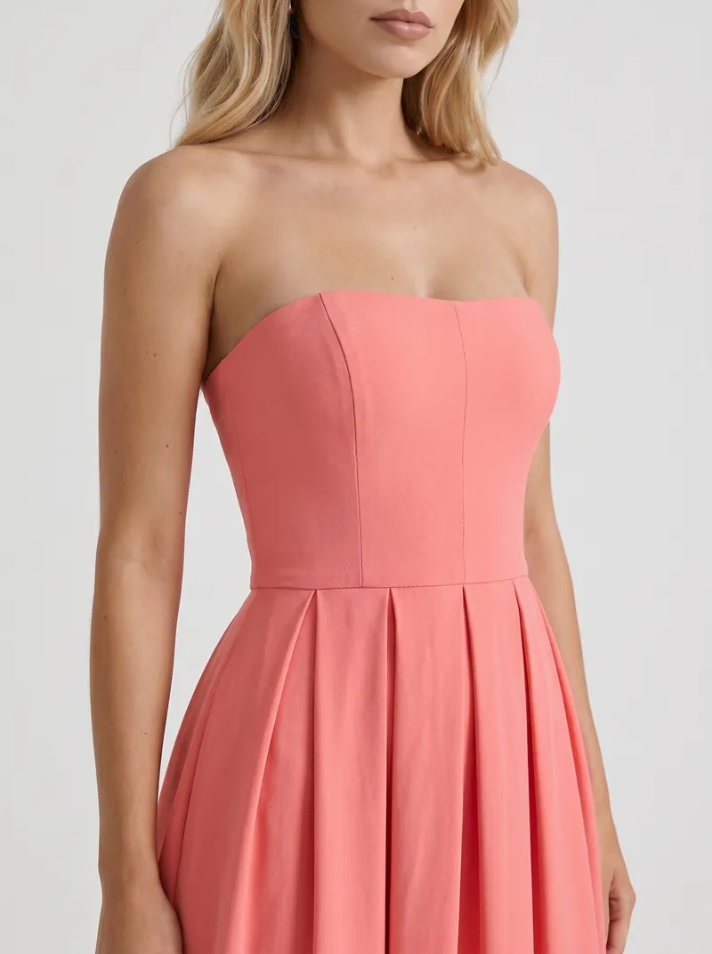 Audrey Strapless Pleated A Line Midi Dress - Coral Pink