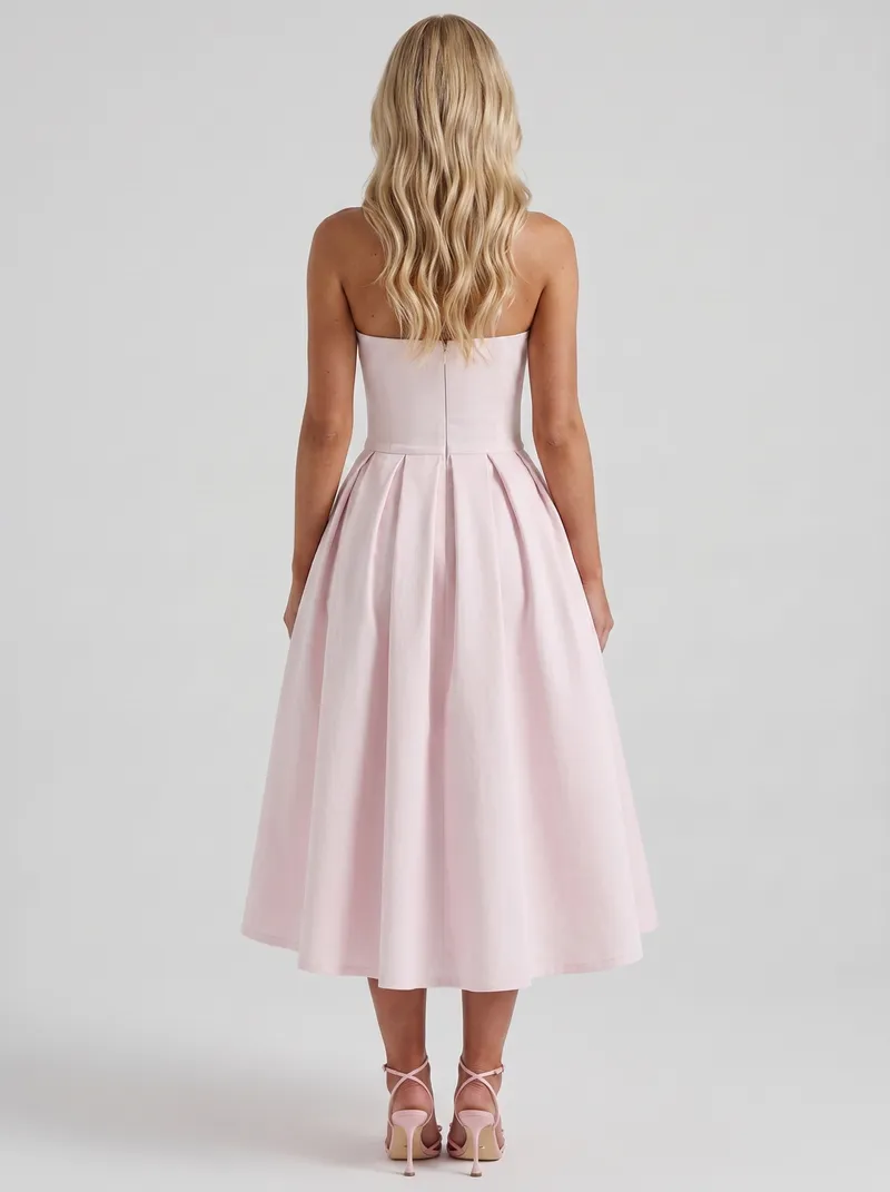 Audrey Strapless Pleated A Line Midi Dress - Blush