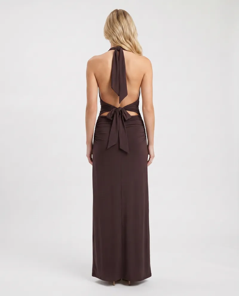 Megan Plunge Maxi Dress - Brown